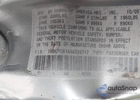 2006 Honda Accord 2.4 Vp from USA, damaged, VIN 1HGCM56146A026717